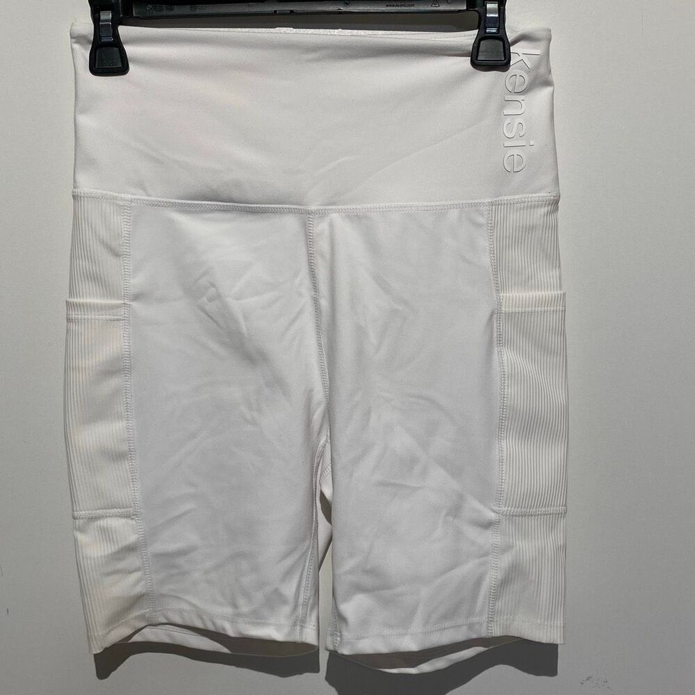 Kensie Women's White Ribbed Side Stretchy High Waist Athletic Bike Shorts Medium